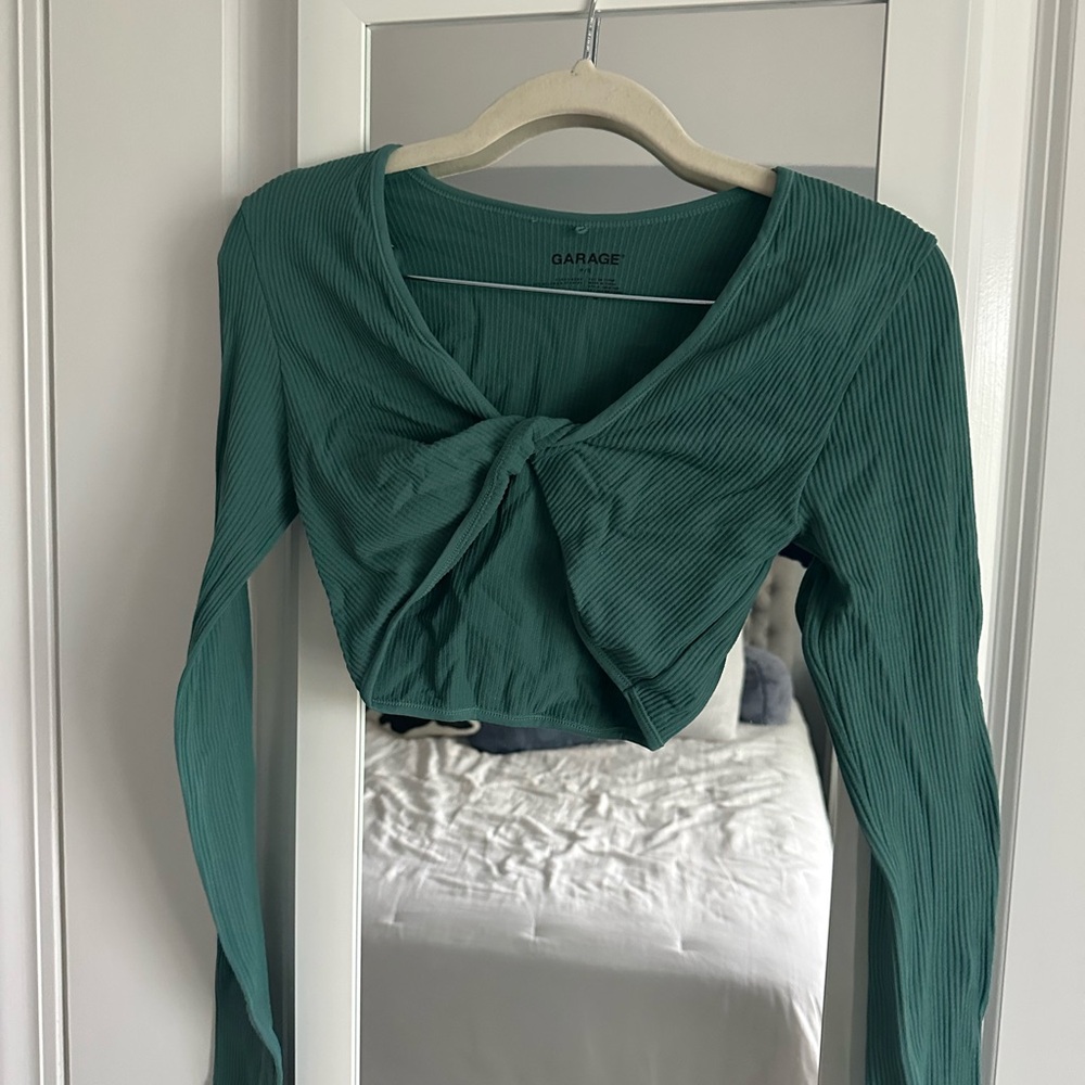Garage Green Long Sleeve Tie Front Crop Blouse